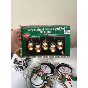 Vintage Snowman Christmas string lights 5 pc plastic stained glass in box